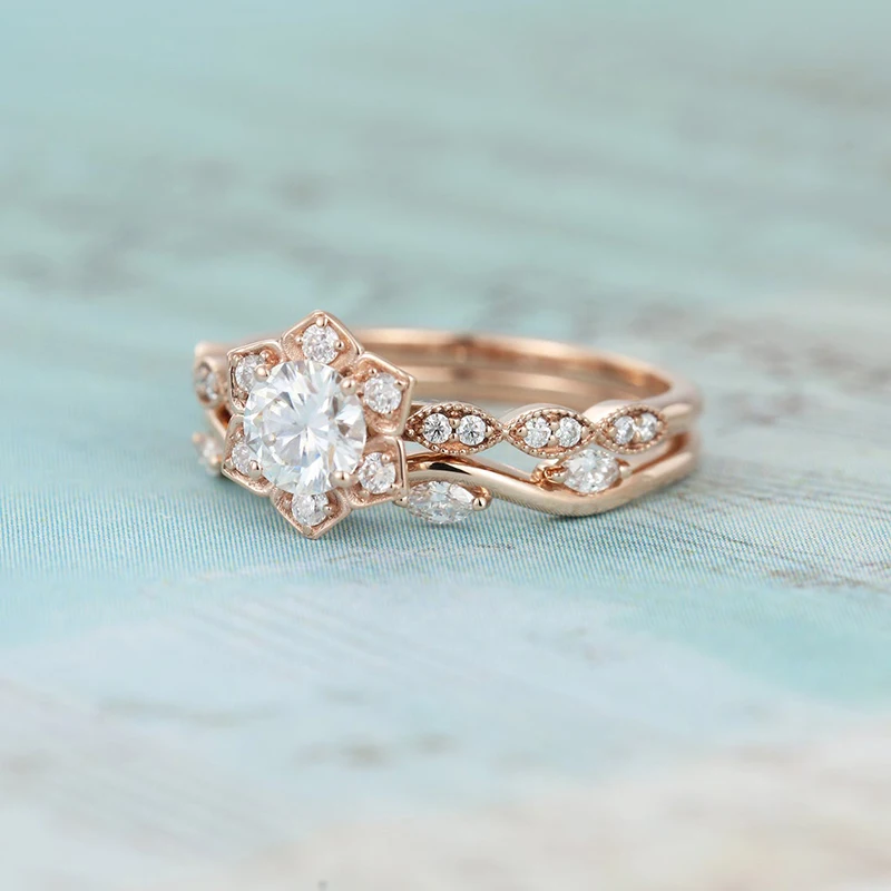 CxsJeremy Moissanite Engagement Ring set Unique Flower 14K 585 Rose Gold 0.5ct Round Vintage Eternity Marquise Wedding Band - Image 2