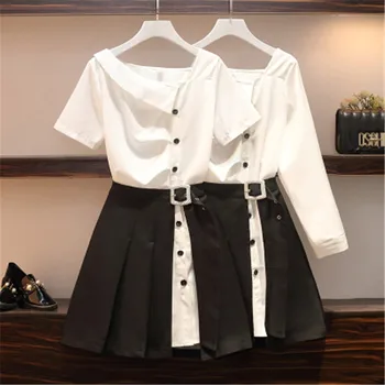 

CBAFU M-4XL oversize spring summer 2 piece set white chiffon button white long shirts high waist belt pleated skirt set F340