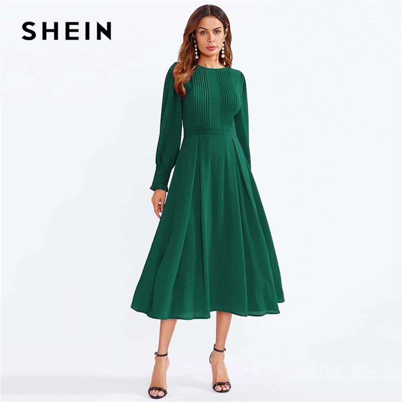Beste SHEIN Frilled Manchet Geplooide Panel Fit En Flare Maxi Jurk Vrouwen Lente Elegante Solid Hoge Taille EEN Lijn Lange Jurk party Dress