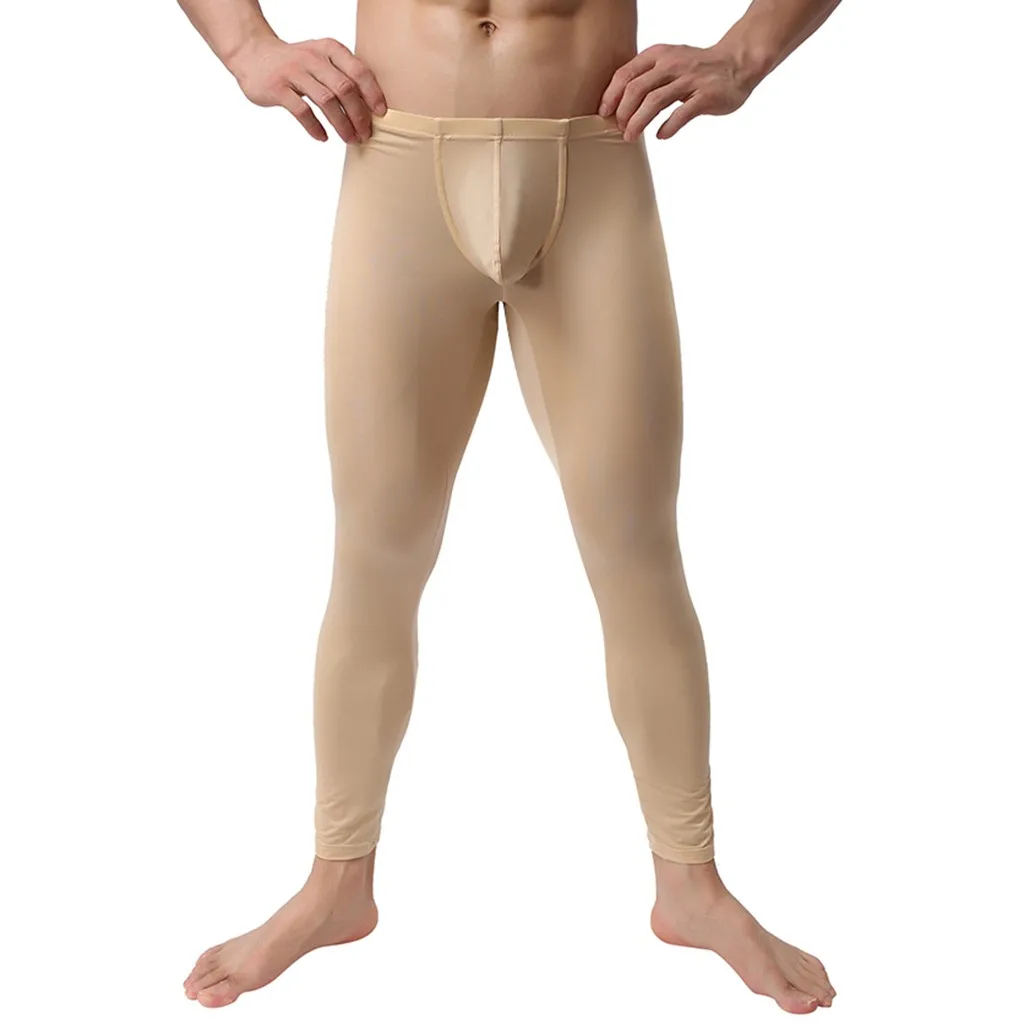 Мужские брюки сексуальные новые стильные модные Сексуальные облегающие супер-тонкие термальные брюки нейлоновые сохраняющие тепло Леггинсы длинные леггинсы - Цвет: Бежевый