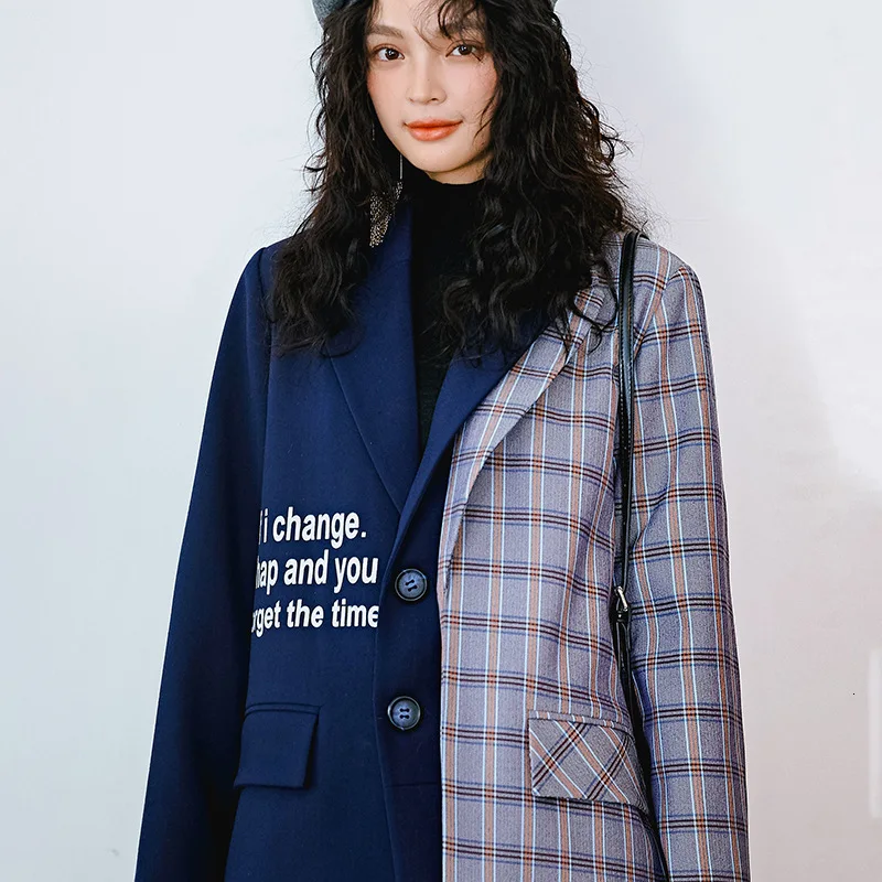 

LANMREM 2020 Ladies Suit Jacket Spring And New Original Lapel Single-breasted Letters Loose Lattice Suit 19F-a573