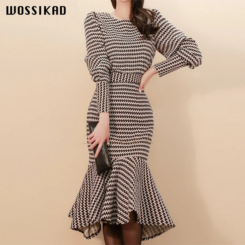 

2019 Winter Women Mermaid Office Set Lady Houndstooth Plaid Long Sleeve Sexy Evening Dress Suits Bodycon Ropa Mujer Vestidos