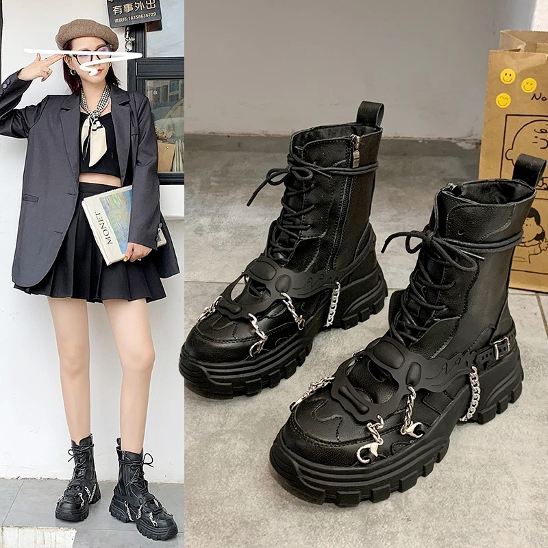 Platform Boots Ladies Punk Gothic for Women's New Combat Boots Casual Black Metal Button Knight Booties Female Motorcycle Shoes
