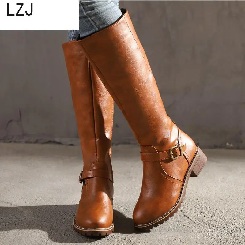 Ceny LZJ HOT New Arrival buty jeździeckie plac Med Heel futro platformy zimowe buty do kolan kobiet buty motocyklowe buty do pracy