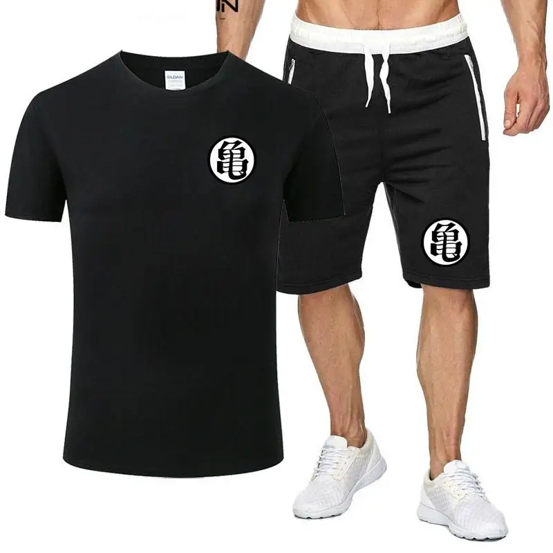 

Anime Dragon Ball Z Short Sets Men Casual Suits Sportswear Tracksuit Cotton T-shirt+Zip Shorts Casual Turtle Print Clothing