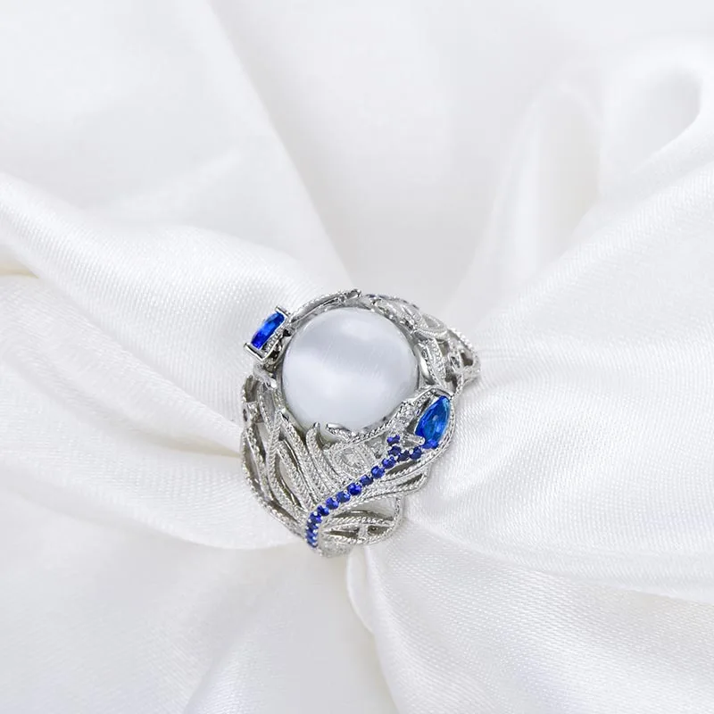 Bague Ringen, новинка, модный стиль, 925 пробы, серебряные ювелирные изделия для женщин, лунный камень, сапфир, цветок, кольцо, размер 6, 7,8, 9,10, Подарок на годовщину