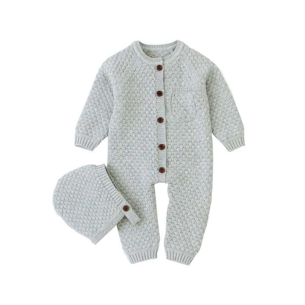 Newborn Infant Baby Girl Boy Long Sleeve Romper Winter Warm Coat Knit Casual Romper Button Jumpsuit Hat Outfits Clothes Costume
