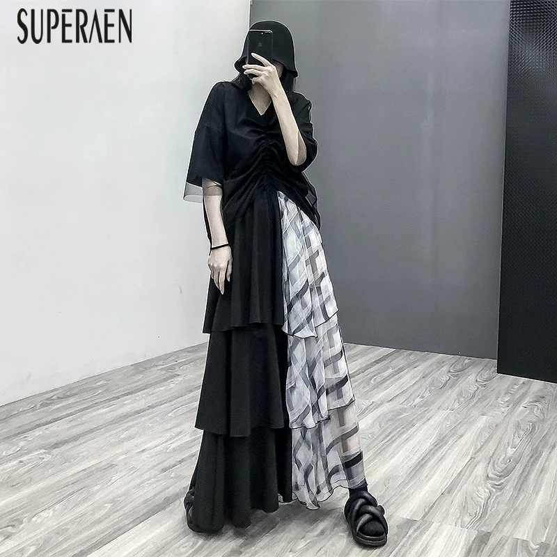 

SuperAen Chiffon Stitching Skirt Female 2019 Summer and Autumn New Elastic Waist Skirts Female Fashion Casual Ladies Skirts