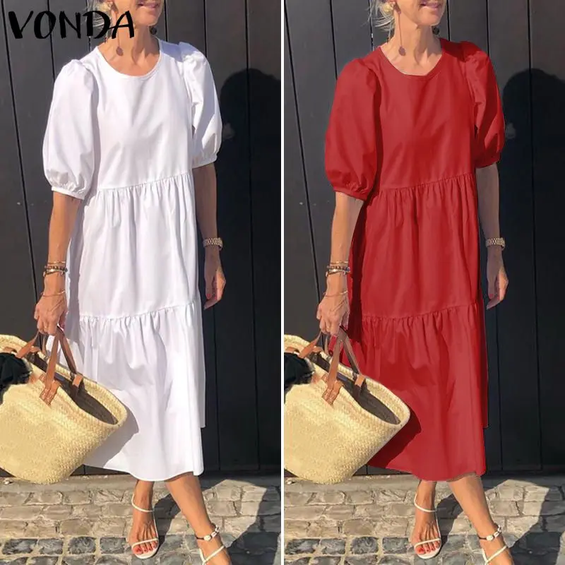 VONDA, женское однотонное длинное платье с рукавом средней длины, повседневное свободное праздничное платье Vestidos размера плюс, летний сарафан в богемном стиле
