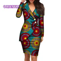 Осенние африканские платья для женщин модный офисный стиль v-образный вырез с длинным рукавом Миди платье Базен Риш африканская одежда с