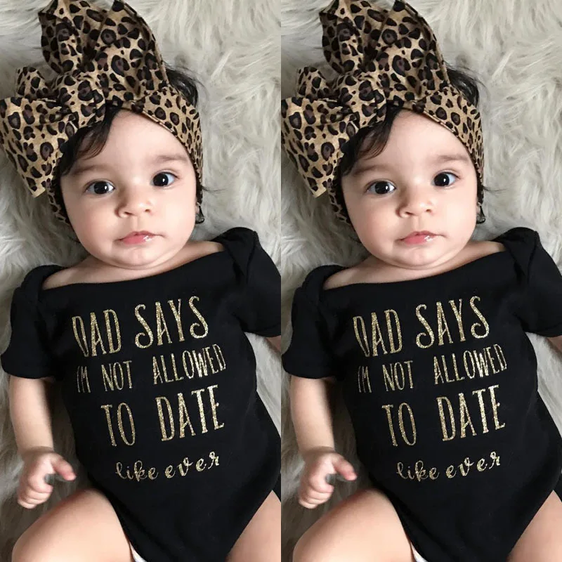 Trendy Kids Baby Girls Clothes off shoulder summer letter print short sleeve Bodysuit Leopard Headband 2pc cotton casual set