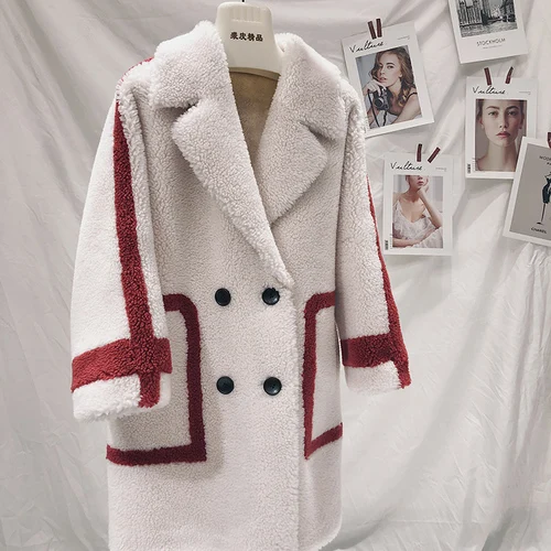 Creamy-white Rf1918 Новое поступление Женская куртка из овечьей шерсти негабаритное меховое пальто с длинным рукавом ветрозащитная меховая подкладка из искусственной замши верхняя одежда - Цвет: Creamy-white