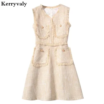 

New Lady Autumn Versatile Big Swing Tassel Party Dress Zomerjurk Dames 2020 Beige Midi Women Dress Sukienki Ropa Mujer N9385