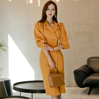 

2019 Women Three Quarter Lantern Sleeve Blazer Dress Women Double Button OL Work Office Ladies Dress Winter Casual Yellow Dress