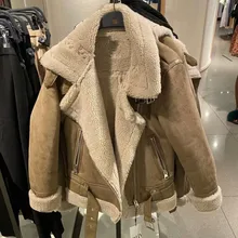 2021 women's wear thick warm winter retro suede lambs wool motorcycle jacket belt leisure loose man-made leather jackets