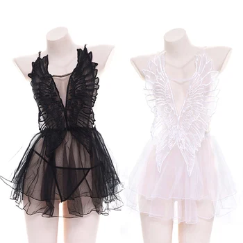 

Angel Wings Black White Fairy Nightdress Lingerie Set Cosplay Women's Sexy Transparent Lolita Butterfly Net Yarn Pyjamas Set