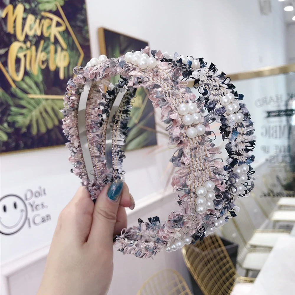 

2019 new korea Plaid Pearl Hairbands Hair Accessories For Girls Hair Band Hair Bows Flower Crown Headbands For Women