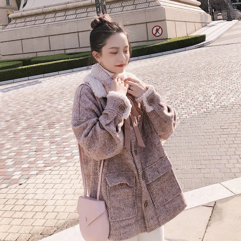 

Photo Shoot Main Push CHIC Sweet Pink Coffee Color Herringbone Fold-down Collar Lace-up Single Breasted Lambs Wool Woolen Cloth