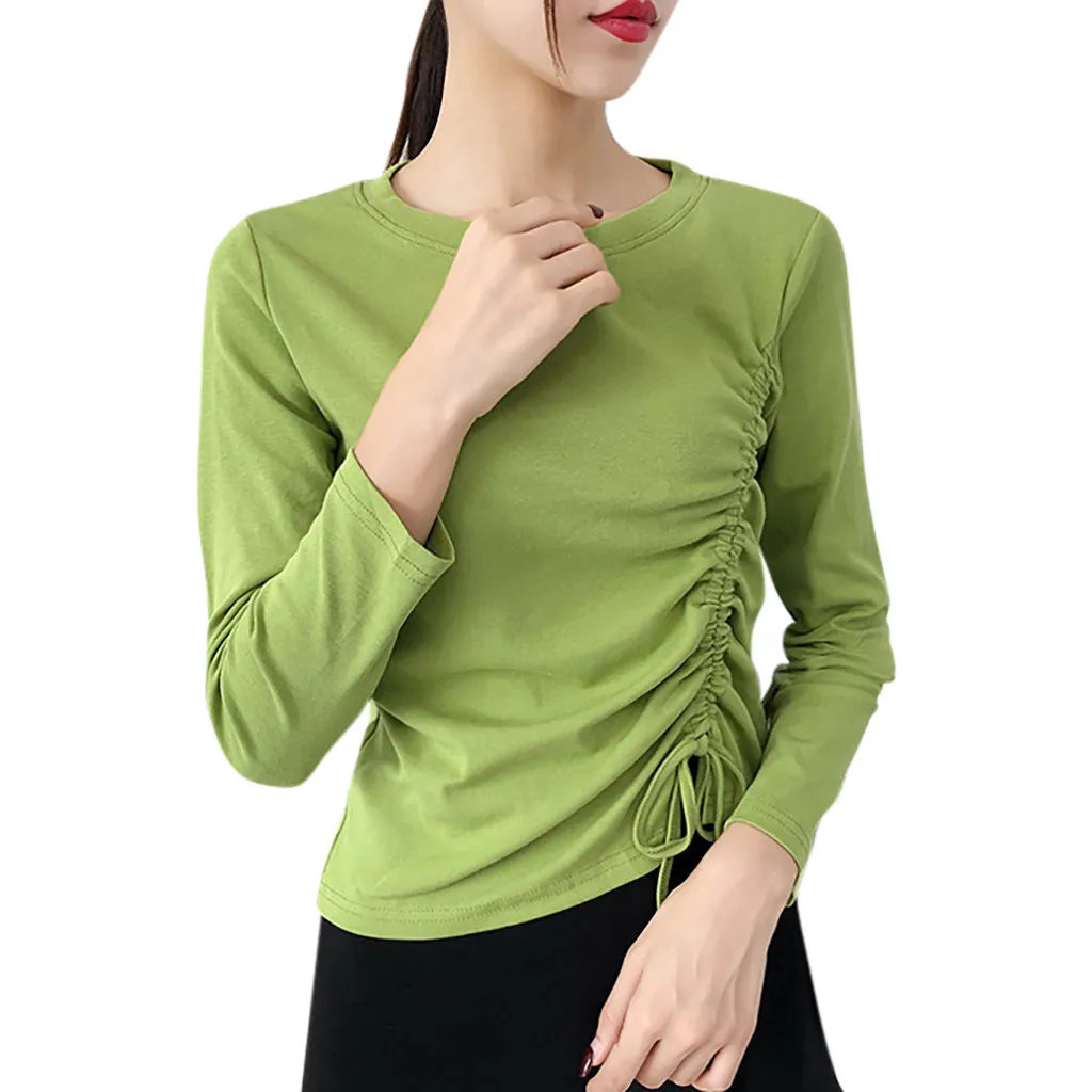 Зеленый Women Korean Drawstring Fold Loose Long Sleeve O-Neck Bottoming Shirt Casual Top - Цвет: Зеленый