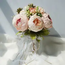 Ретро деревенский стиль невесты букеты Искусственный Пион поддельные розы Свадебные Холдинг цветок Длинная лента кружева вечерние украшения