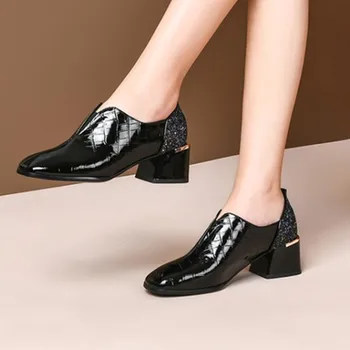 

High Heels Genuine Leather women pumps square Toe Party Shoes Woman Spring Summer Brand Office ladies Shoes