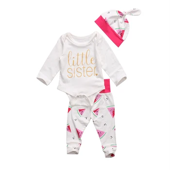 

3PCS Newborn Baby Girl Clothes Little Sister Long Sleeve Romper Long Pants Hat Outfit Baby Girls Clothes Set 0-24M