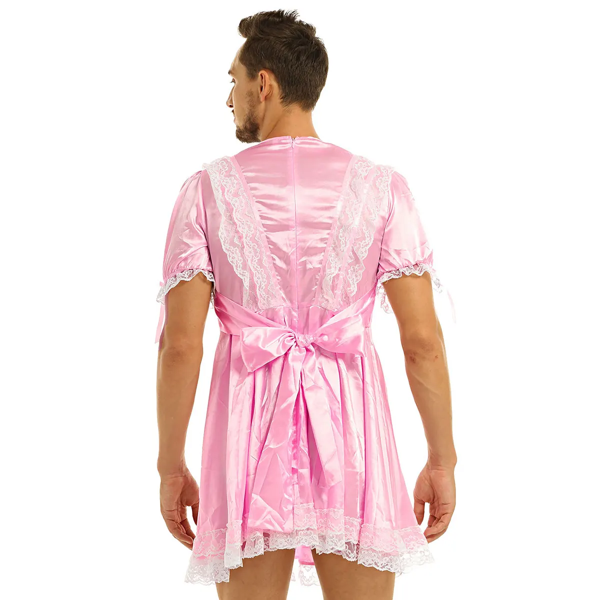 MSemis, мужские экзотические платья для взрослых, атласные, с короткими рукавами-фонариками, с кружевным бантом, платье для взрослых, Детский костюм для костюма, одежда для сна