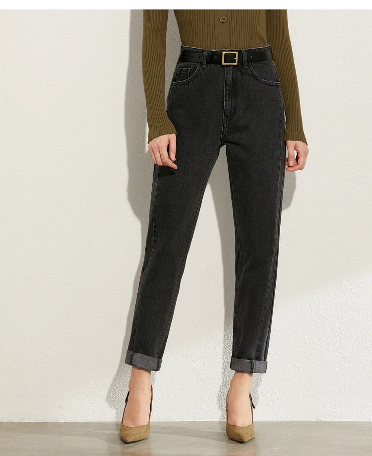 AMII Minimalism Summer Autumn Fashion Women Jeans Causal Cotton Black High Waist Straight Ankel-length Female Jeans 12040026