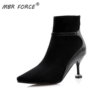 

MBR FORCE Party Shopping autumn winter patchwork lady pointed toe thin heels high-heeled women boots big size 34-43 woman shoes