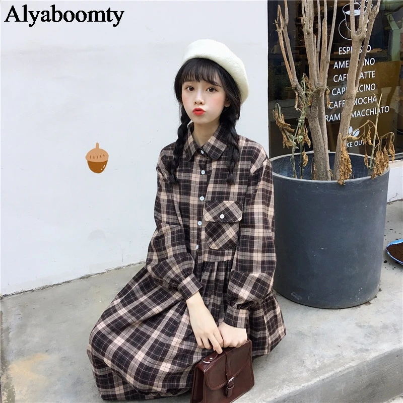 

New Japanese Preppy Style Autumn Spring Women Shirt Dress Turn-Down Collar Vintage Plaid Cardigan Elegant Mori Girl Midi Dresses