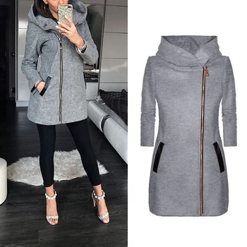 

Autumn Winter Women Casual Solid Hooded Coat Warm Long Sleeve Pockets Zipper Jacket Slim Outwear Grey Black Winered Top