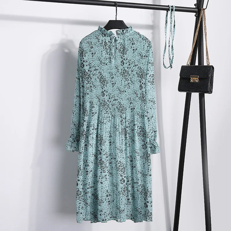Женское платье-туника, воротник лотоса, длинный рукав, сломанные цветы, элегантное шифоновое свободное плиссированное платье, прямые осенние платья