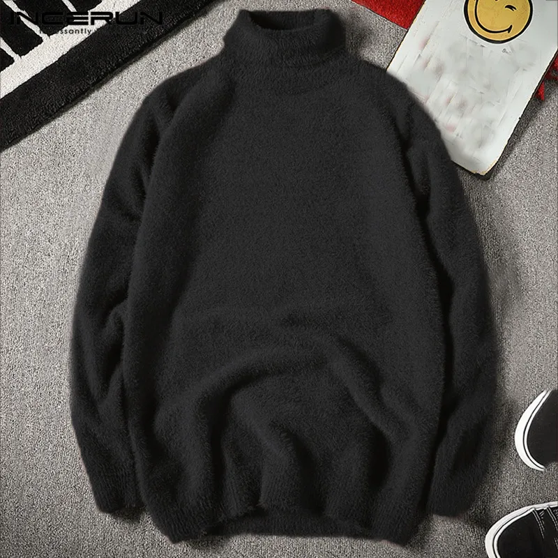 INCERIN Winter Men Sweater Turtleneck Fake Mink Cashmere Streetwear Jumper Long Sleeve Fashion Warm Chic Men Pullover 2019 S-5XL