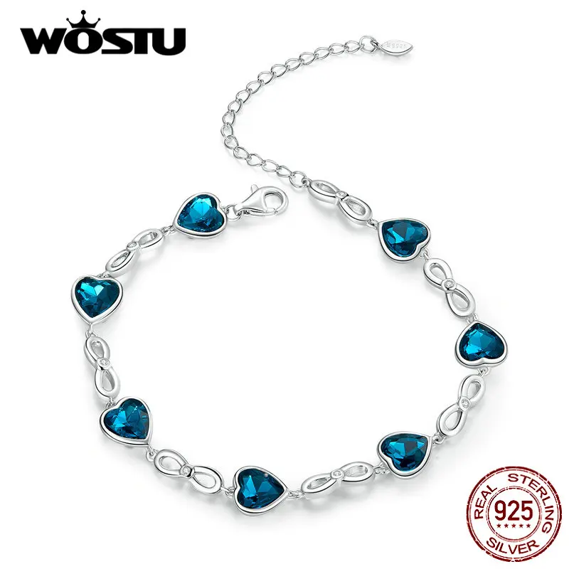 WOSTU, 925 пробы, серебряный браслет с океанским сердцем для женщин, синие австрийские стразы, свадебные оригинальные браслеты, ювелирные изделия, DXB163