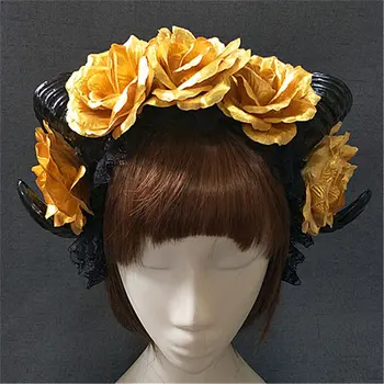 

New Halloween Lolita Cosplay The Veil Demon Evil Gothic Sheep horn Flowers Headband Hairband Accessory Headwear Prop