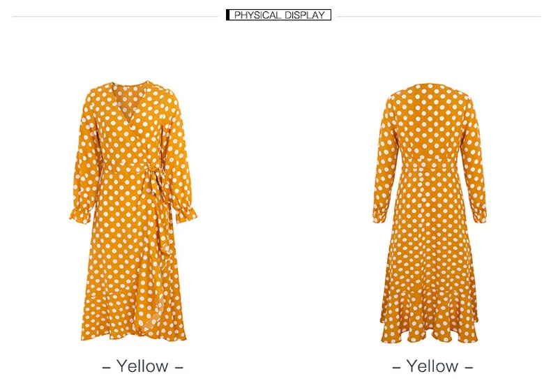 Lossky женское длинное платье в горошек с принтом без рукавов, Осеннее женское платье средней длины, модное желтое облегающее платье с v-образным вырезом и оборками