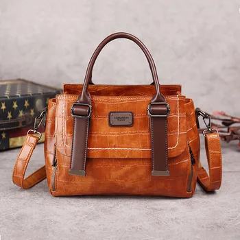

Spring 2020 New Retro Stone Pattern Contrast Color Oil Wax Leather Shoulder Strap Slung Fashion Female Bag