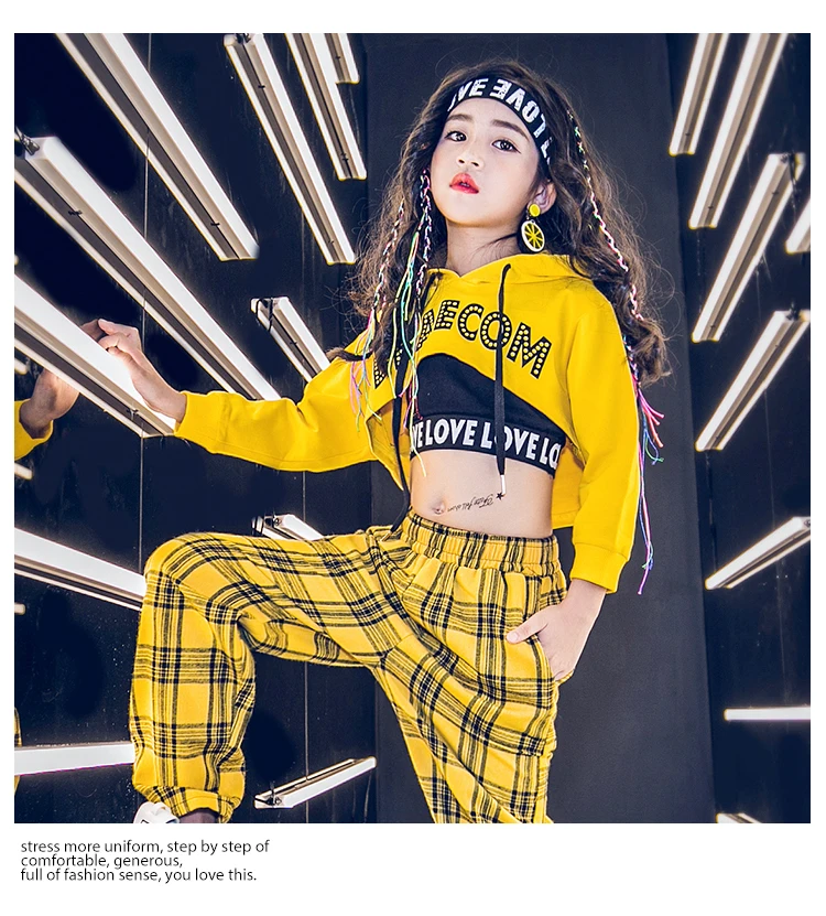 Детская Одежда для танцев в стиле хип-хоп; Детские Желтые толстовки с капюшоном; брюки; одежда для сцены в стиле хип-хоп; танцевальная одежда для девочек