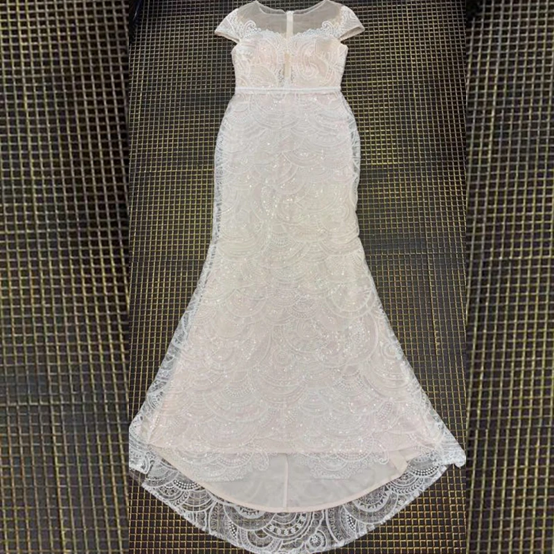Новые модные белые сетка с блестками в форме русалки, длинное, Vestidos Для женщин Элегантный вокруг шеи короткий рукав знаменитости Вечеринка платье