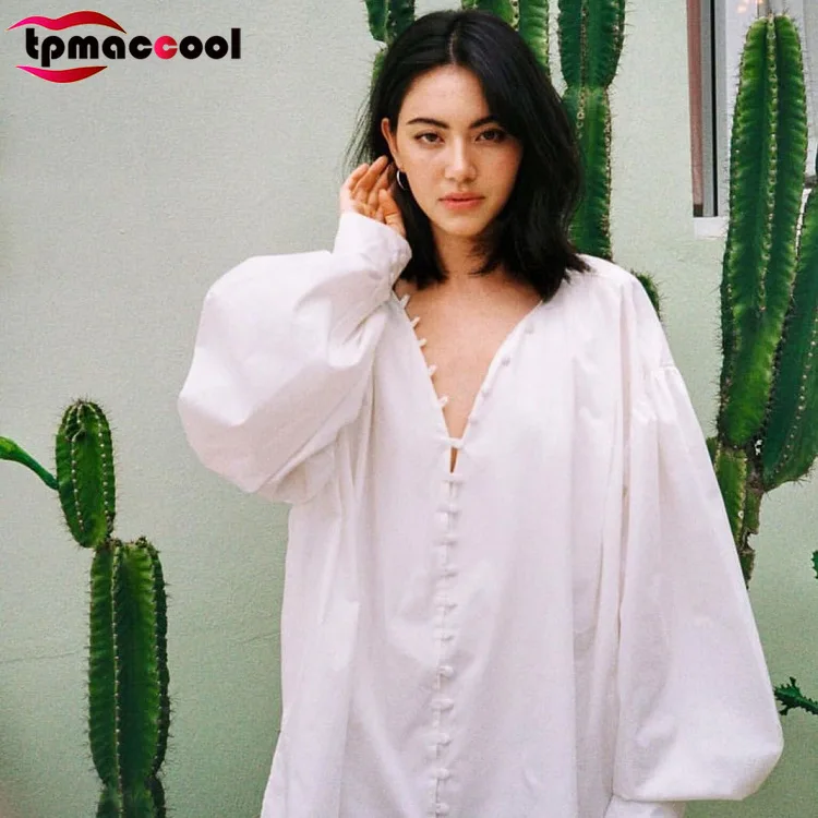 

Tpmacool luxury designer women vintage Spring V-neck Loose Multi-Button Lantern Sleeve white cotton ethnic tunic Shirt blouse OS