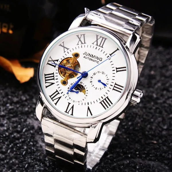 

Junming Mechanical Wrist Watch Men Hollow out Fully Automatic Machinery Steel Watch Rome Casual Watch