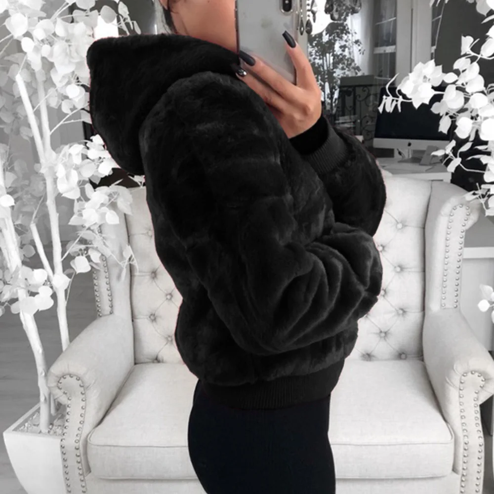 Faux Fur Coat Women With Hood New Oversize Coats High Waist Female Slim Fit Overcoat Tops Winter Warm Plush Jackets Outwear