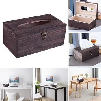 

Retro Wooden Tissue Box Square Tissue Box Toilet Paper Case Holder Wood Cover Napkin Decor Homer Table C0B8