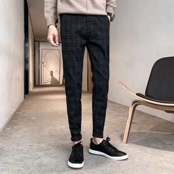 

Men's Self-cultivation Lattice Nice Quality Trousers Wedding Party Formal Slim Pants Business Casual Work Gentleman Western