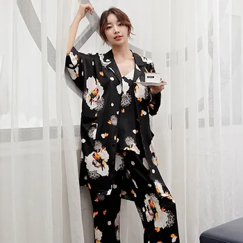 

3PCS Sleepwear Sexy Lady Kimono Gown Satin Print Flower Intimate Lingerie Suits Loose Nightwear V-neck Casual Home Clothing