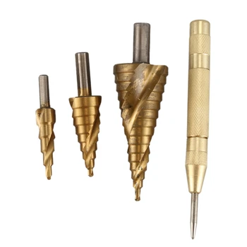 

Best HSS Spiral Grooved Step Drill Set Hole Cutter Wood Cone Core Drilling Saw Tools Bits Center Punch