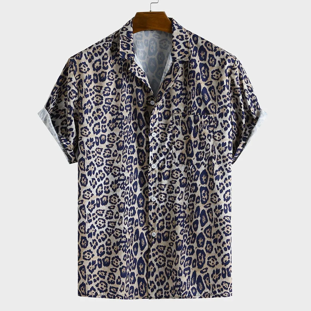 Chemise Homme, мужская хлопковая льняная рубашка с отложным воротником, леопардовая мода, короткий рукав, Свободная Повседневная рубашка, Мужская блузка - Цвет: Blue