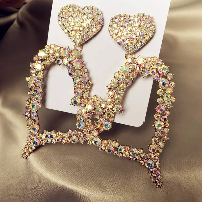 gold AB Bling AB Цвет Стразы кулон с большим сердцем Женские Висячие серьги аксессуары модные женские массивные серьги ювелирные изделия - Окраска металла: gold AB