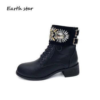 

Autumn Shoes Boots Women Fashion Crystals Martin Boots Thick Bottom Chunky Heel Cross-tied Boots Rhinestones Female botas mujer