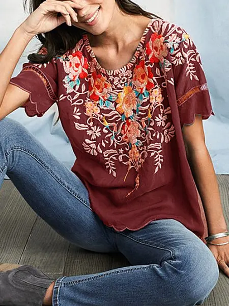 

Linglewei 2019 Summer European and American women's short sleeve embroidered top embroidered shirt Round Neck Shirt